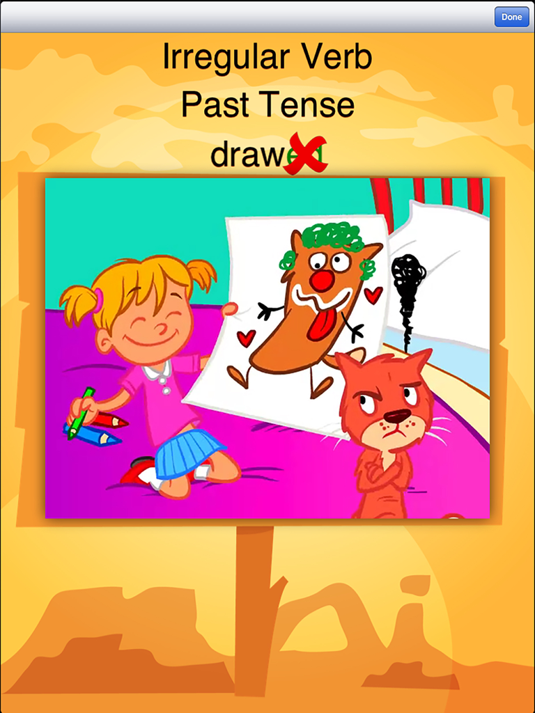 TenseBuilder - Educational screen from TenseBuilder app teaching the irregular past tense of the verb draw with a cartoon illustration