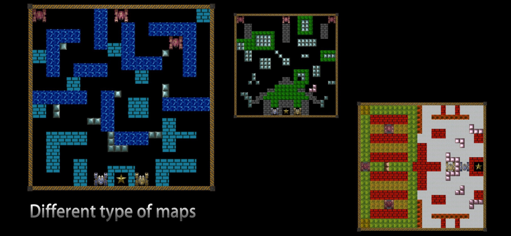 Infinity Tank Battle - Drei verschiedene Retro-8-Bit-Panzerschlachtkarten mit verschiedenen Farben und Hindernissen