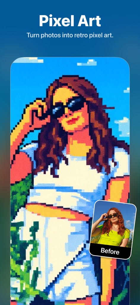A woman's photo transformed into retro pixel art using the Cartoonizer AI app