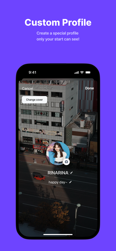 A screenshot of the LiNC app's custom profile interface where fans can personalize their profile picture, background cover, and status.