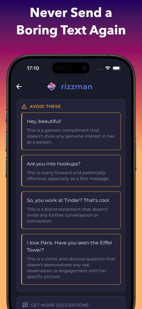 Rizz App - AI Dating Wingman - Una pantalla de Rizz App mostrando ejemplos de iniciadores de conversación de citas aburridos a evitar con feedback de IA.