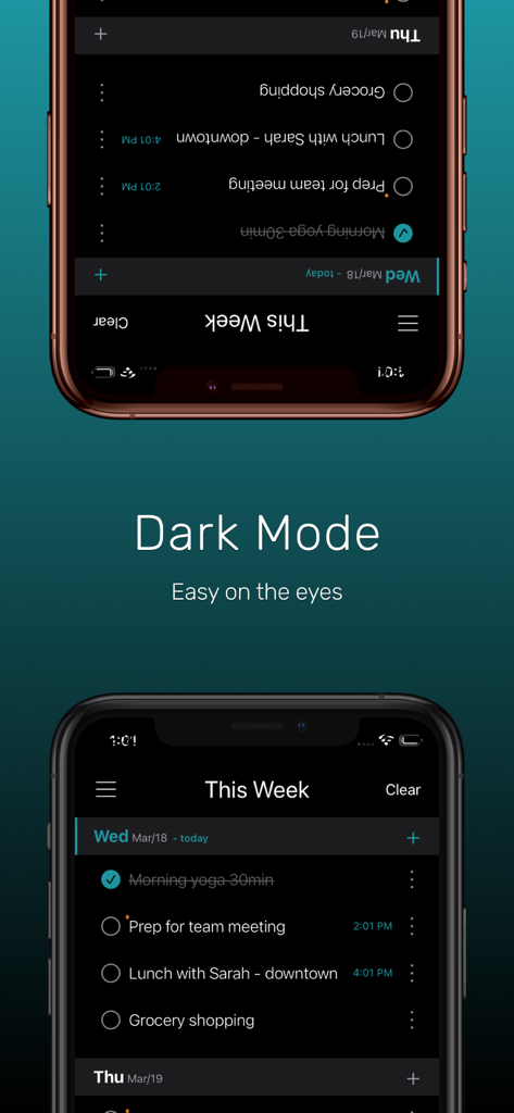 This Week - Weekly To-Do List - Minimalistische Wochen-To-Do-Listen-Oberfläche im Dark-Mode mit Aufgaben wie Morgenyoga und Meetings