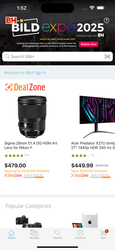 B and H Photo Video app home screen showing current Deal Zone electronics offers