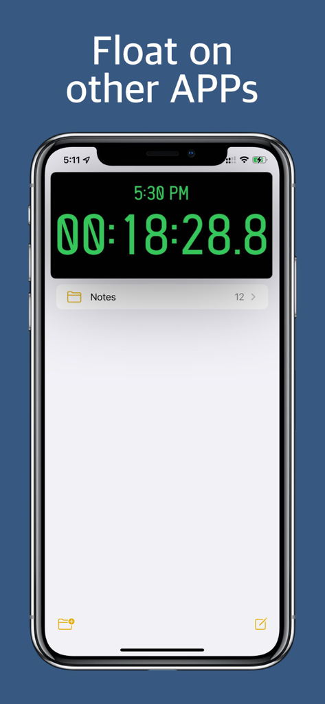 LCT Floating Timer - Stopwatch - A digital stopwatch floating on top of the Notes app on an iPhone screen for multitasking.