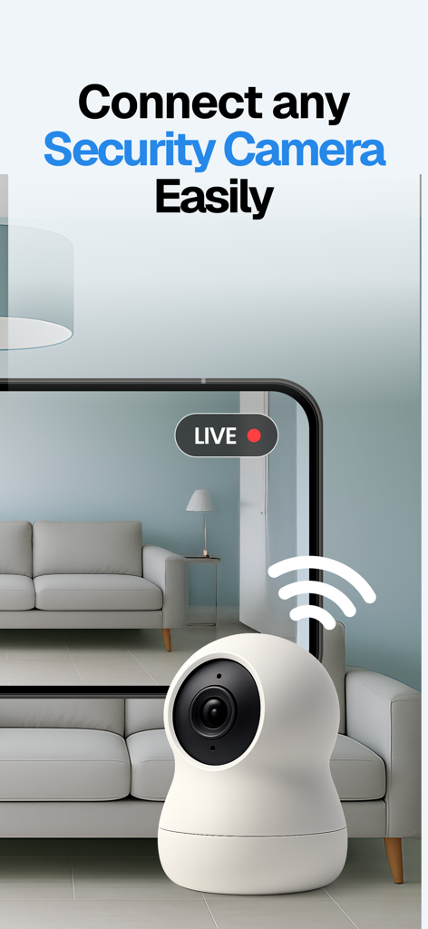 Home Security Camera - Visory - Un smartphone affichant un flux de sécurité en direct connecté à une caméra domestique moderne