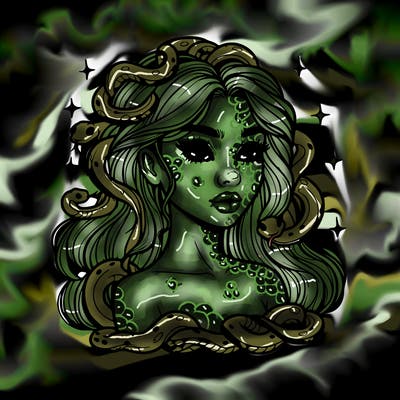 realistic girl with snakes as hair