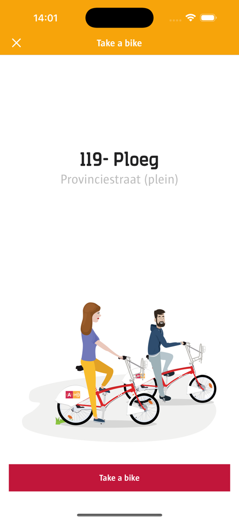 Velo Antwerpen - Velo Antwerpen app interface showing the take a bike screen for the Ploeg station with an illustration of people cycling