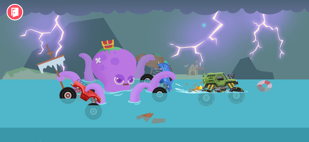 Monster Truck Games for kids - Monster trucks navigating through water to face a giant purple octopus boss during a lightning storm.