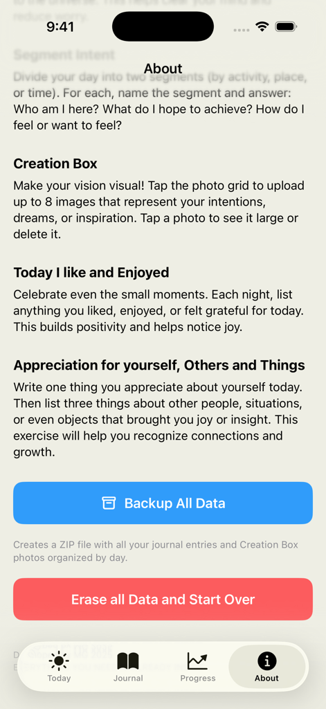 30thirty - About page of the 30thirty app showcasing features and privacy options