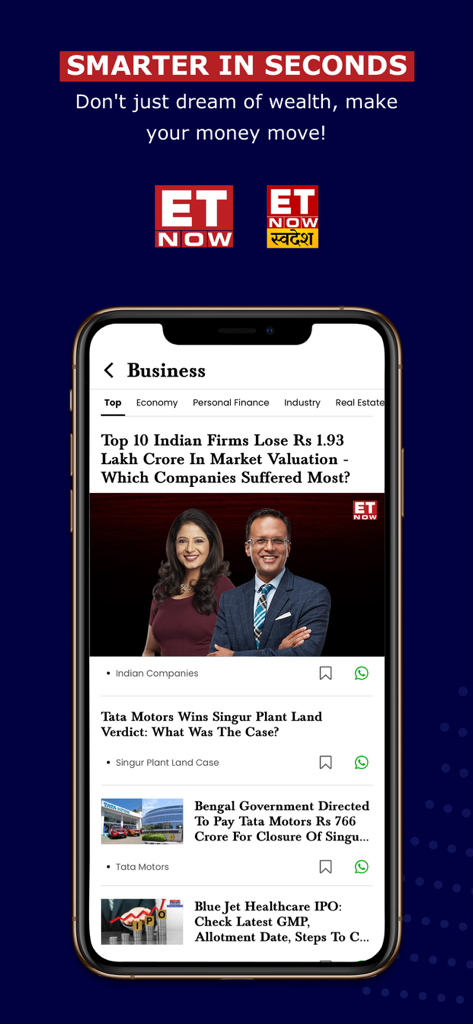 Times Now App Business-Nachrichtenbereich mit indischen Börsen- und Finanzartikeln von ET Now