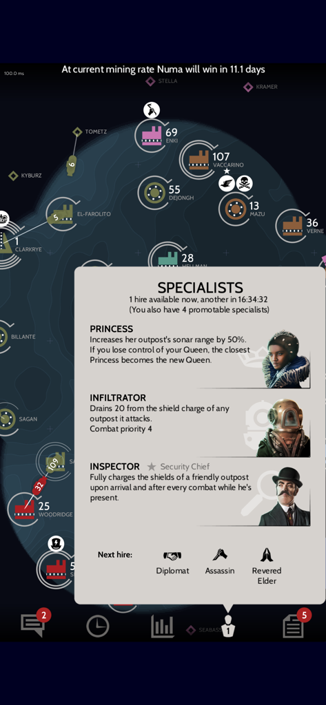 Subterfuge mobile game interface showing a specialists menu with characters like Princess Infiltrator and Inspector