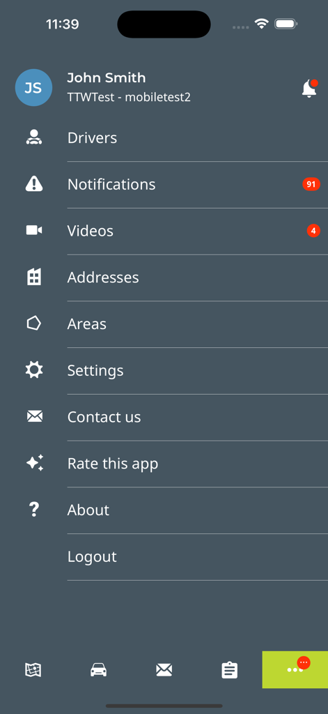 Webfleet Mobile - Side menu of the Webfleet Mobile app displaying management tools for drivers, notifications, and fleet settings.
