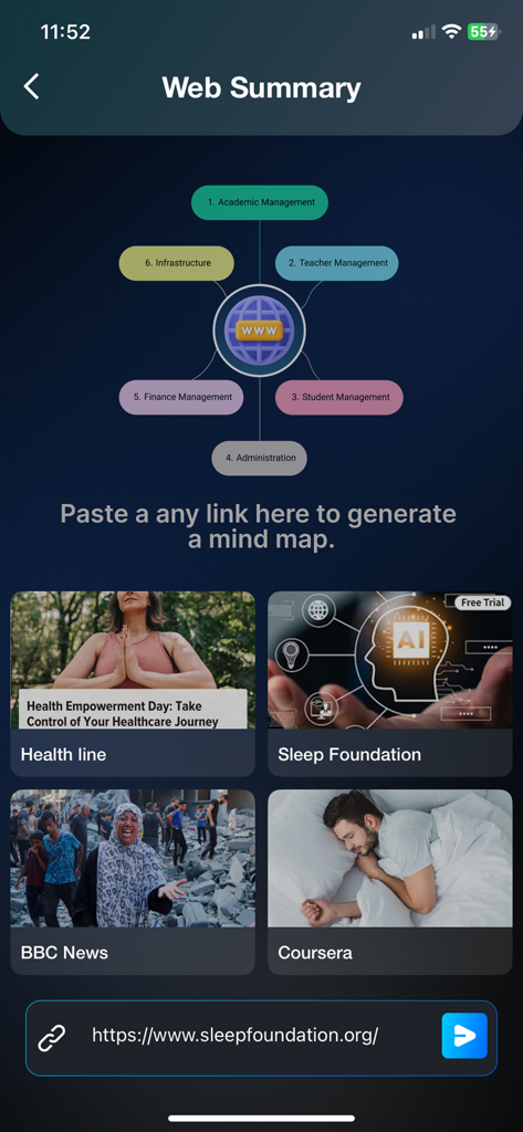VisualGPT: AI Mind Map ChatBot - Interface showing how to generate an AI mind map from a website link