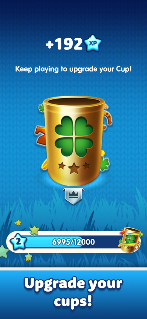 Royaldice: Dice with Everyone - Royaldice app screen showing a golden dice cup with a four leaf clover and XP progress bar