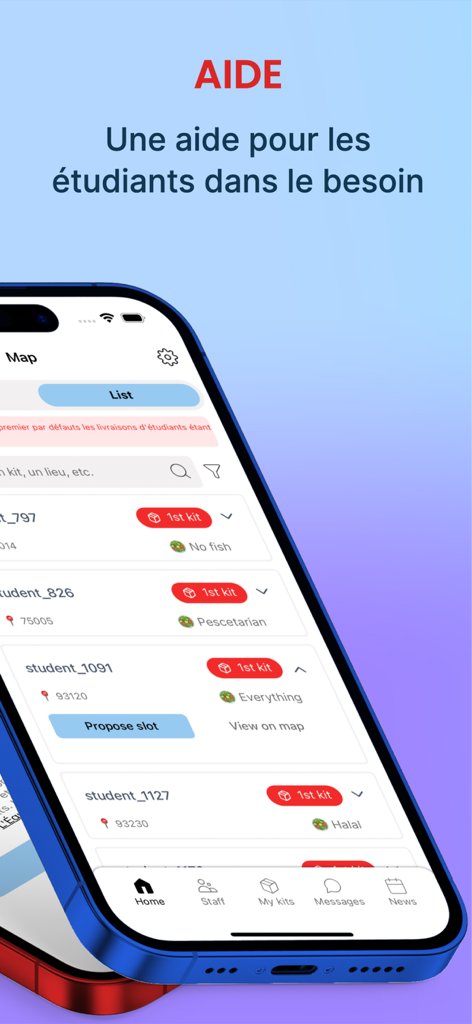 Delivraide - The Delivraide app interface showing a list of food kit requests from students with dietary filters like Halal and Pescetarian.