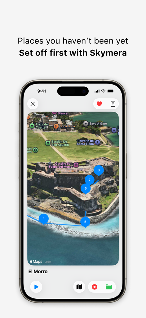 Skymera - 3D Map Studio - A 3D satellite map view of El Morro castle with a numbered flight route in the Skymera app