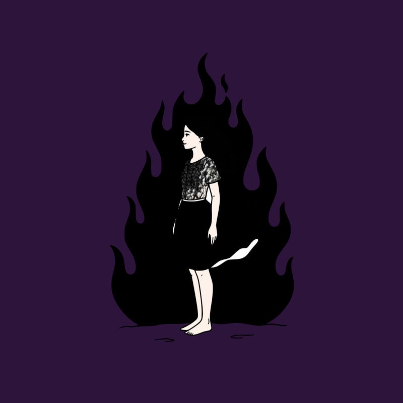 there is a fire but it's not so big but it's big but not too much and there is a girl standing in the middle
