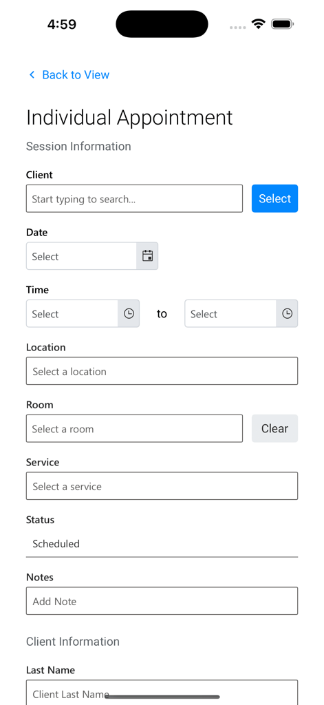 Pantalla de la aplicación Therasoft Mobile para que los terapeutas programen citas individuales para pacientes.