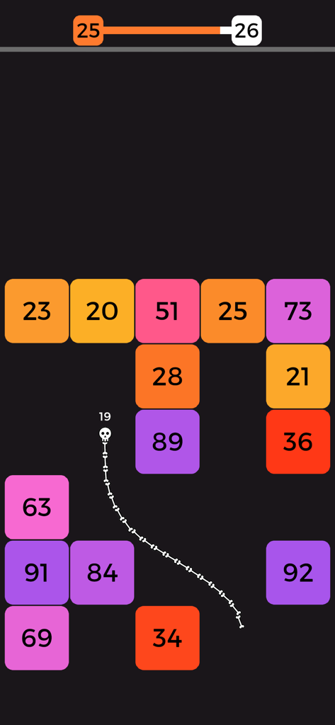 A white snake of balls navigating between colorful numbered blocks in a mobile game interface.