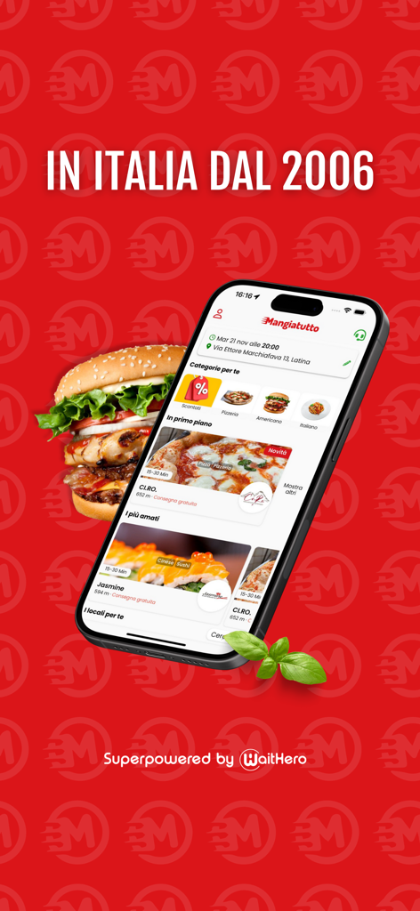 Smartphone showing Mangiatutto Delivery app with various food categories and a large burger on a red background