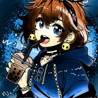 hot baddie anime girl drinking boba and biting the straw