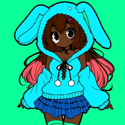 pretty anime girl wearing a fluffy hoodie with bunny ears on the hood and a skirt