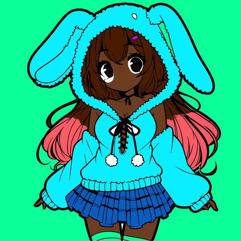 pretty anime girl wearing a fluffy hoodie with bunny ears on the hood and a skirt