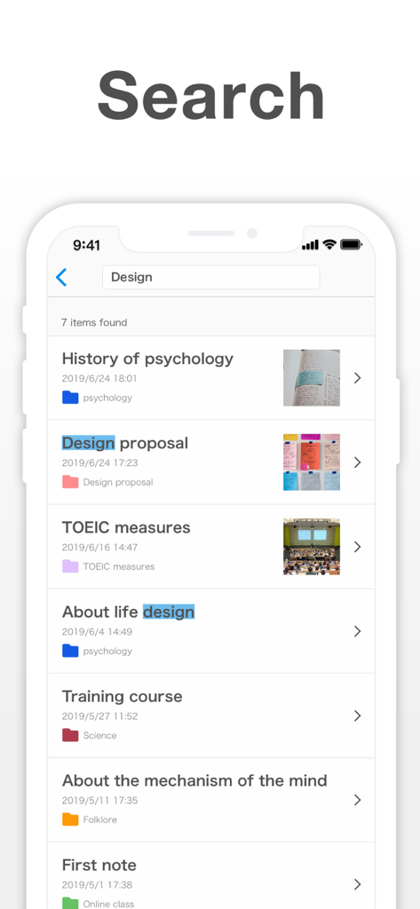 Simple Notes - Notepad Manager - Search interface of the Simple Notes app showing a list of notes with highlighted keywords and image thumbnails.