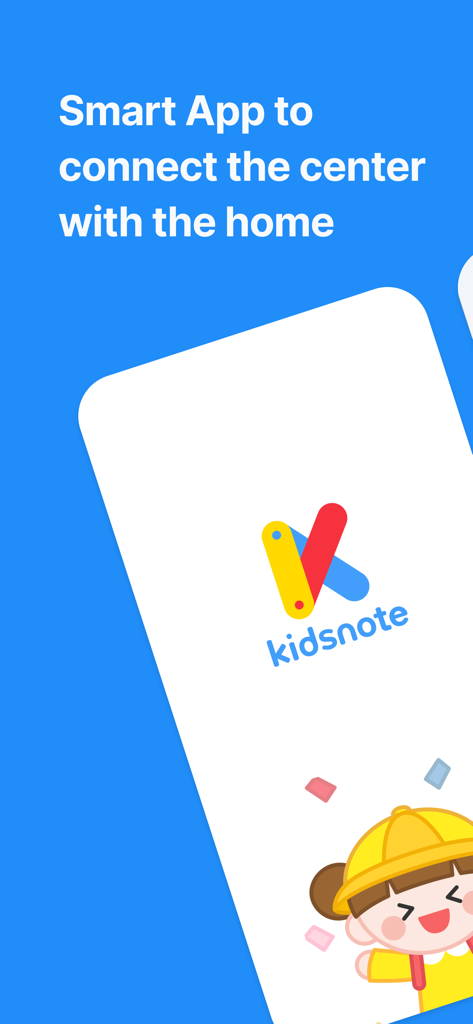 Kids Note - Schermata di benvenuto dell'app Kids Note che mostra lo slogan Smart App per connettere il centro con la casa.