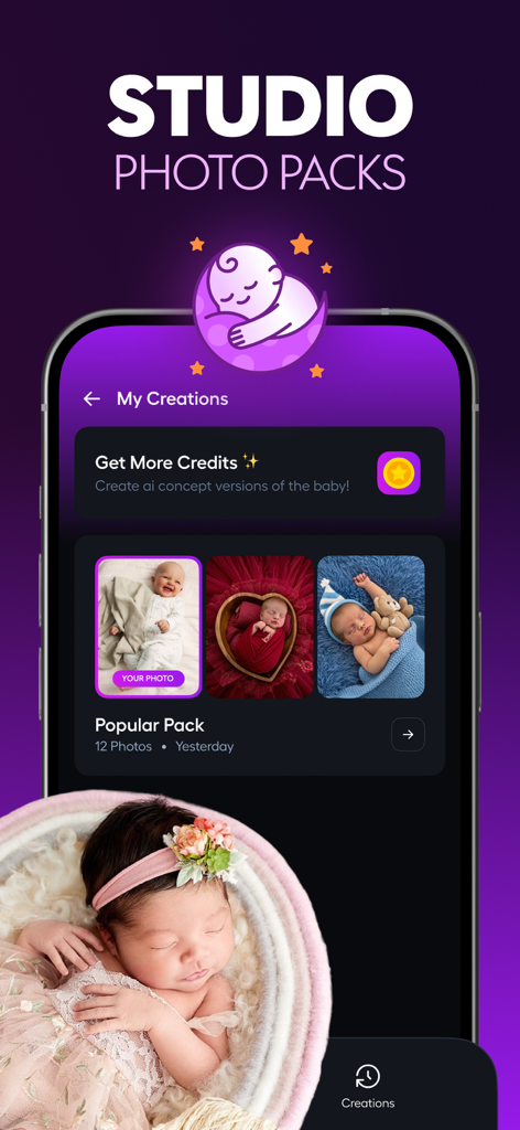 Baby AIアプリインターフェース。スタジオフォトパックとAI生成ベビーポートレートを表示