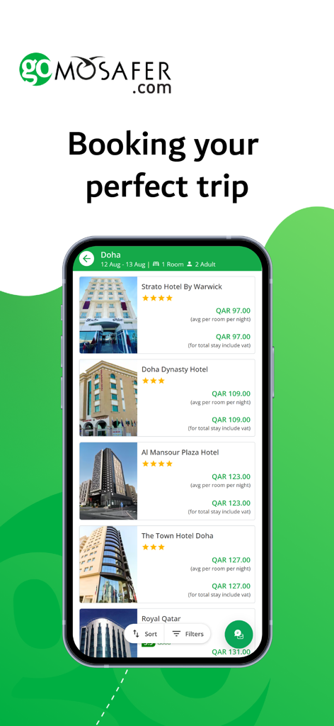 GoMosafer.com - GoMosafer app interface displaying a list of hotels with prices and ratings for a trip to Doha