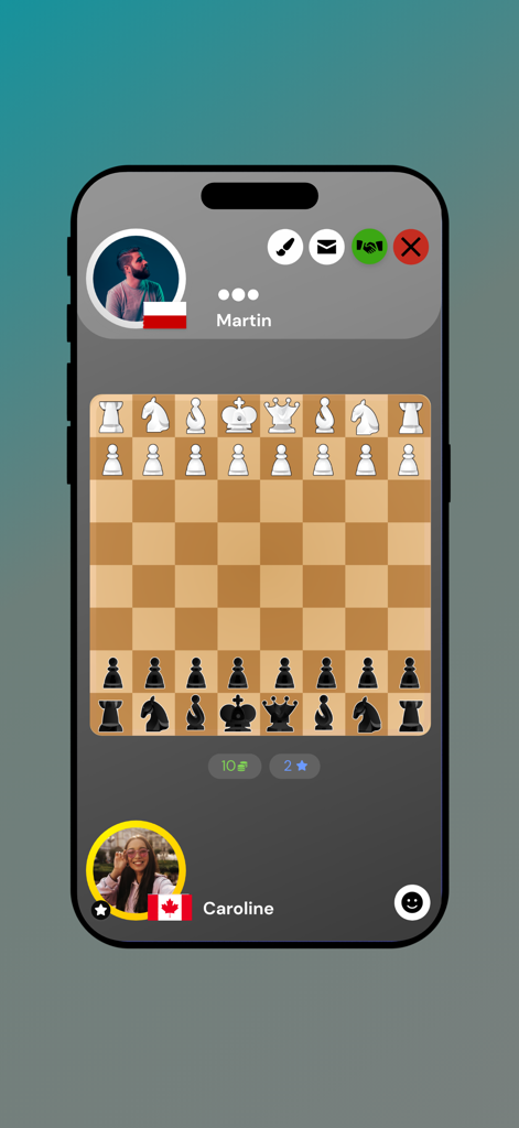 Chess Live Online - Una pantalla móvil que muestra una partida de ajedrez en línea en vivo entre dos jugadores con una interfaz limpia y moderna