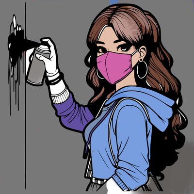 realistic girl with mask spray painting a wall