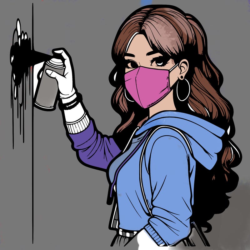 realistic girl with mask spray painting a wall