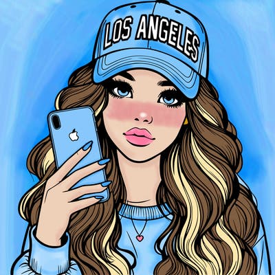 realistic beautiful girl wearing los ángeles cap holding an iphone