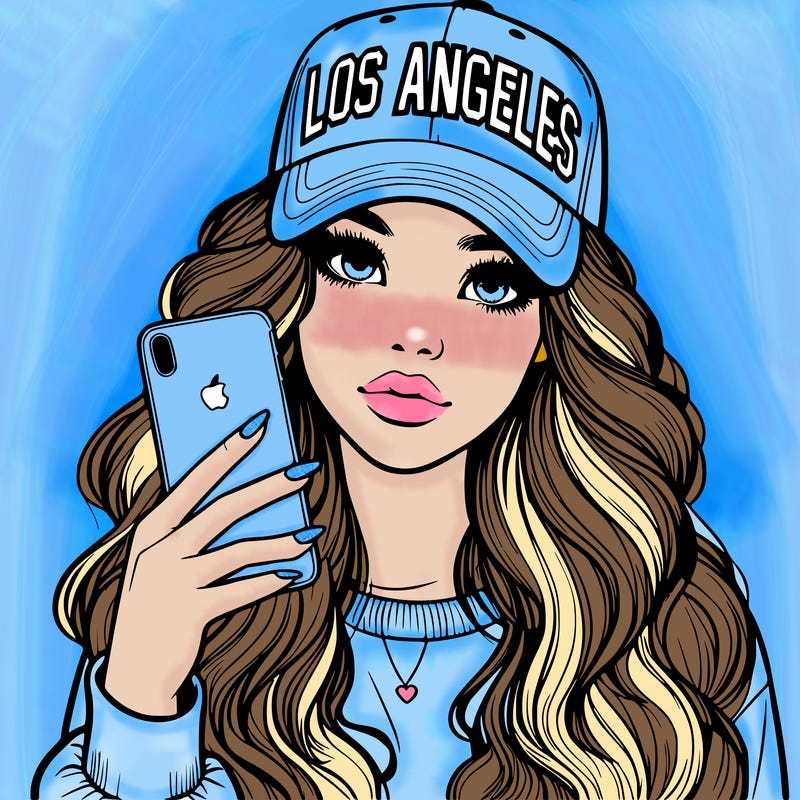 realistic beautiful girl wearing los ángeles cap holding an iphone