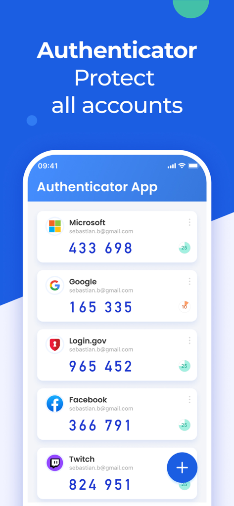 Authenticator App ⁸ - Oberfläche der Authenticator App, die eine Liste von 2FA-Sicherheitscodes für verschiedene Online-Konten anzeigt.