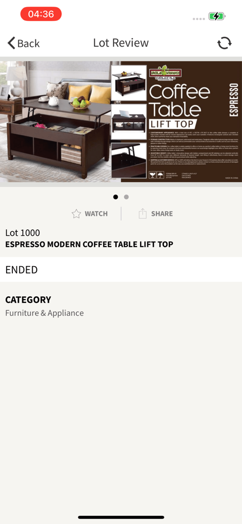 Mega Savers Auction - Lot review page for an espresso modern coffee table with a lift top in the Mega Savers Auction app.