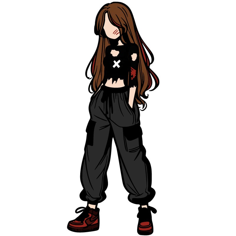 girl in baggy pants crop top and long hair