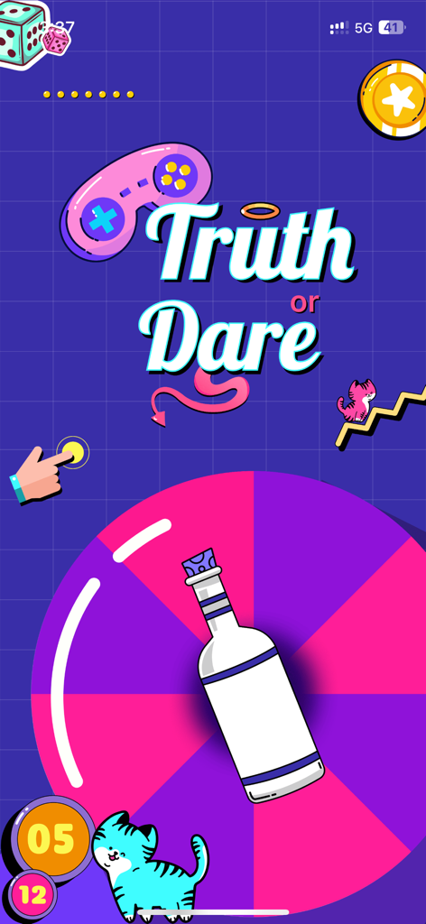 Truth or Dare Spicy Games app screen featuring a spin the bottle wheel.