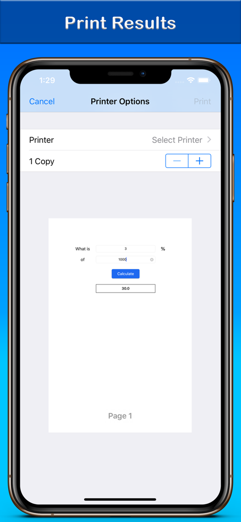 % Percentage Calculator - Print results screen showing printer options and calculation preview in the percentage calculator app.