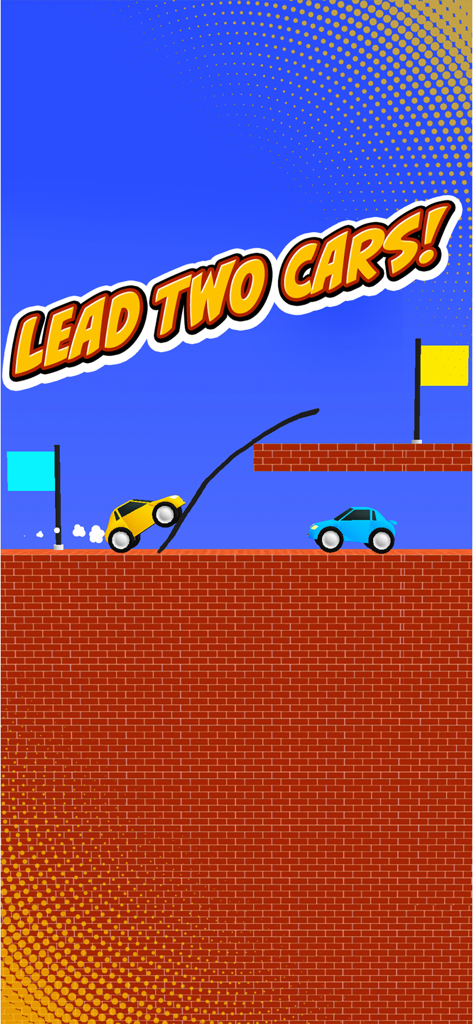 Draw Bridge - Puzzle Game - Captura de pantalla del juego de Draw Bridge mostrando un coche amarillo y uno azul siendo guiados a través de un camino dibujado a mano hacia banderas coloridas.