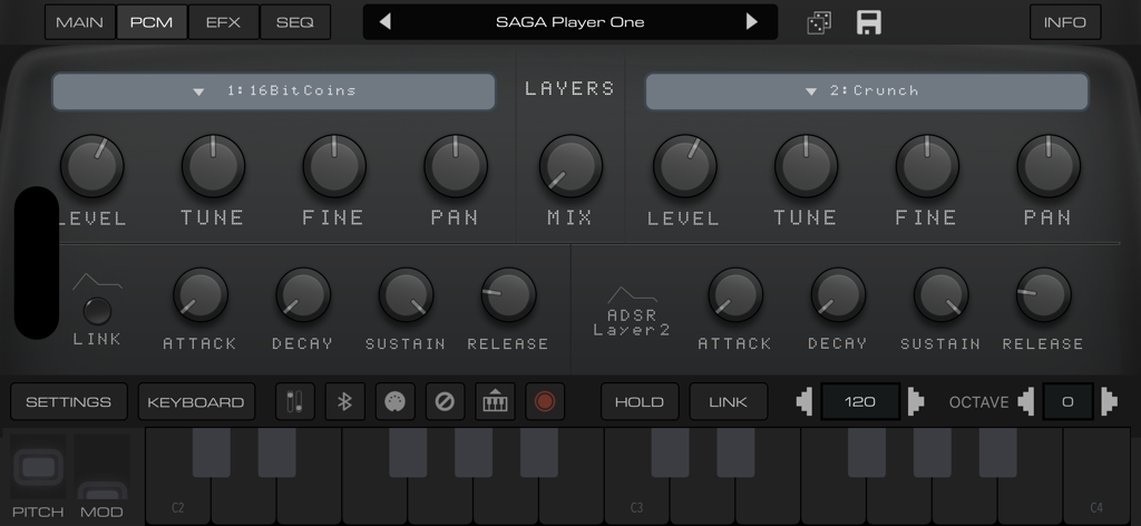 SAGA Synth | 16-Bit Sonic Fun! - Interfaz PCM de SAGA Synth mostrando capas de sonido duales y controles de envolvente ADSR