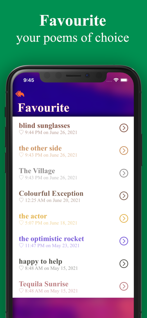 Poetik: On Poems and Poetry - Una lista de poemas favoritos en la aplicación Poetik que muestra títulos y marcas de tiempo en una interfaz limpia.