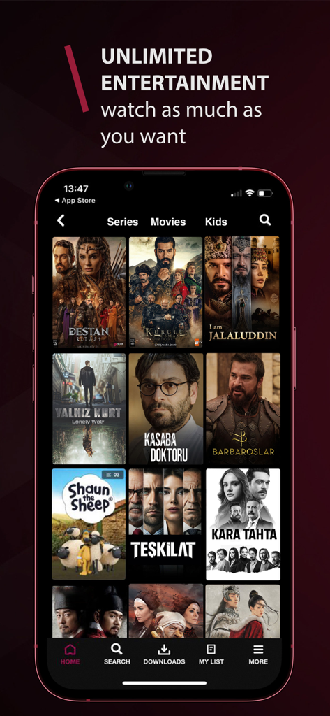 A mobile interface of Noor Play displaying a curated selection of conservative family-friendly series and movies