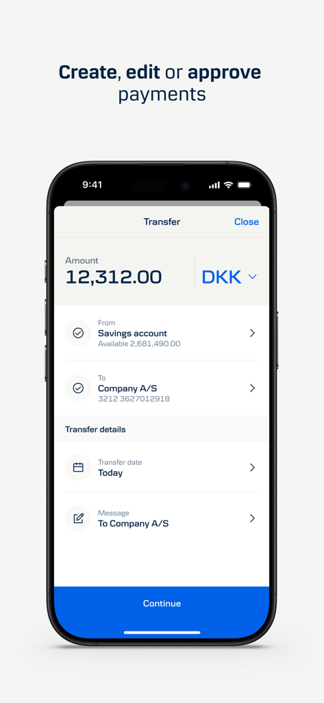 Interface de transfert de paiement professionnel dans l'application District Mobile de Danske Bank.