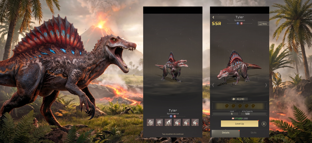 火山の背景を持つDino Cataclysm Survivalモバイルゲームインターフェースに表示されている、Tylerという名前の希少SSRスピノサウルス。