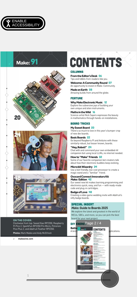 Página de índice de la aplicación Make: Magazine con proyectos de electrónica e robótica DIY