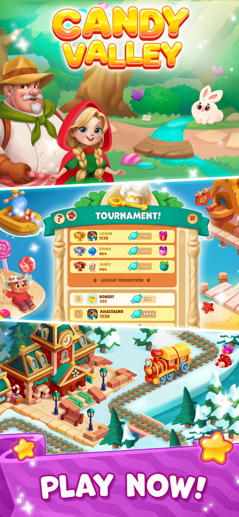 Promotional graphics for Candy Valley Match 3 Puzzle showing game characters and a tournament leaderboard.