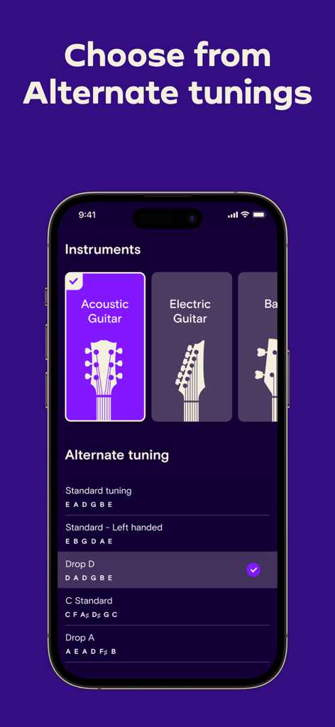 Guitar Tuner - Simply Tune - Simply Tune app interface showing alternate tuning options for acoustic and electric guitars
